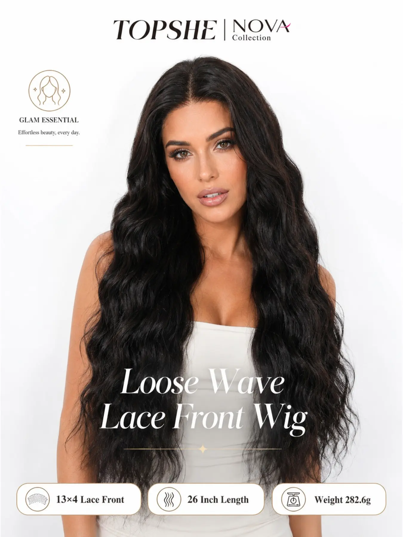 TOPSHE NOVA 13x4 Lace Front Wig 26 Inch Natural Black Loose Wave Wig for Women Pre Plucked Natural Hairline Middle Part Soft Full Density Long Wavy Wig Premium Blended Human Hair & Fiber Wig Comfortable Adjustable Cap Ready to Wear Daily Glam Wig
