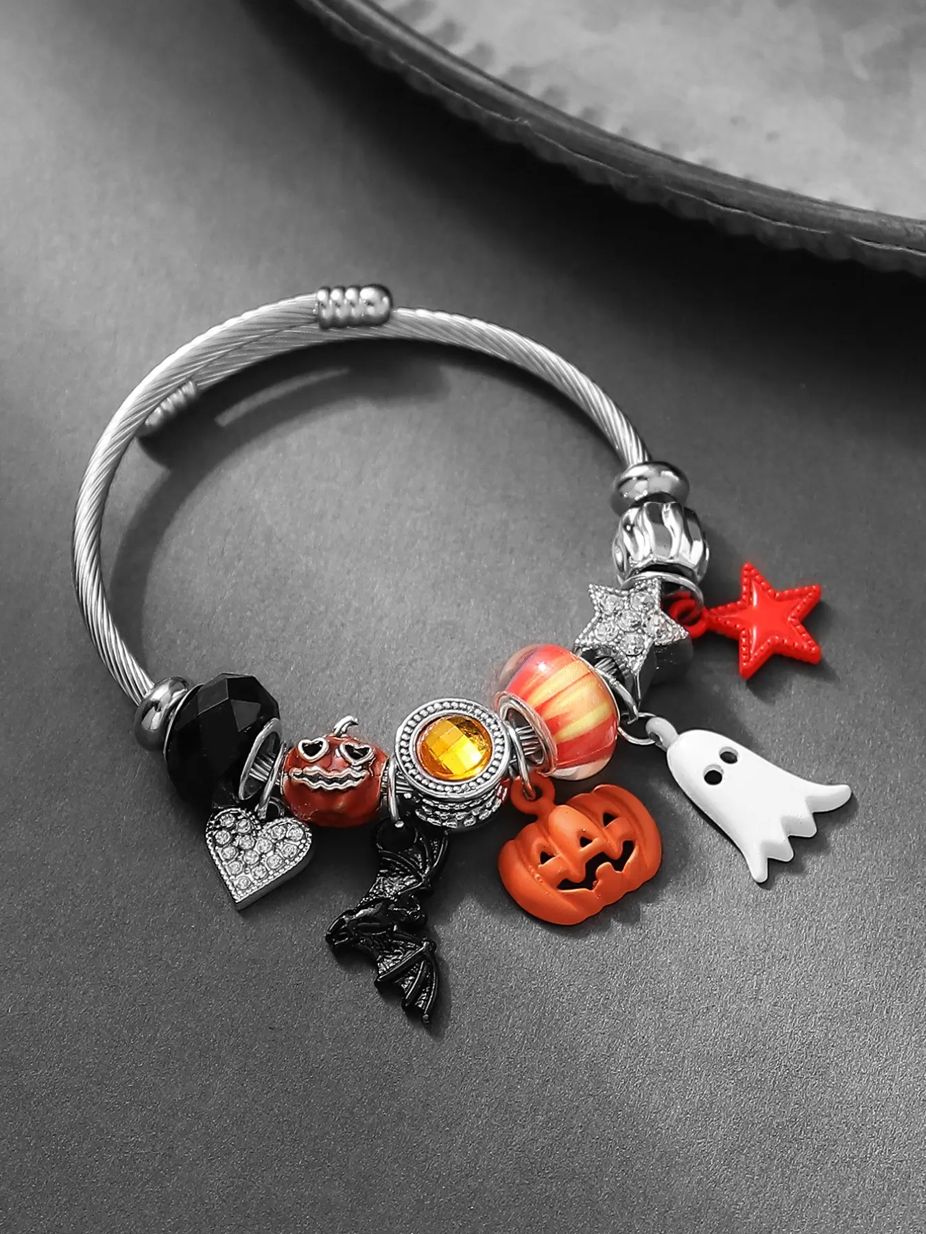 Halloween Party Bracelet for Women, Stainless Steel Geometric Bead Wristband, Gradient Color Pumpkin Ghost Bat Design, All Seasons Accessory