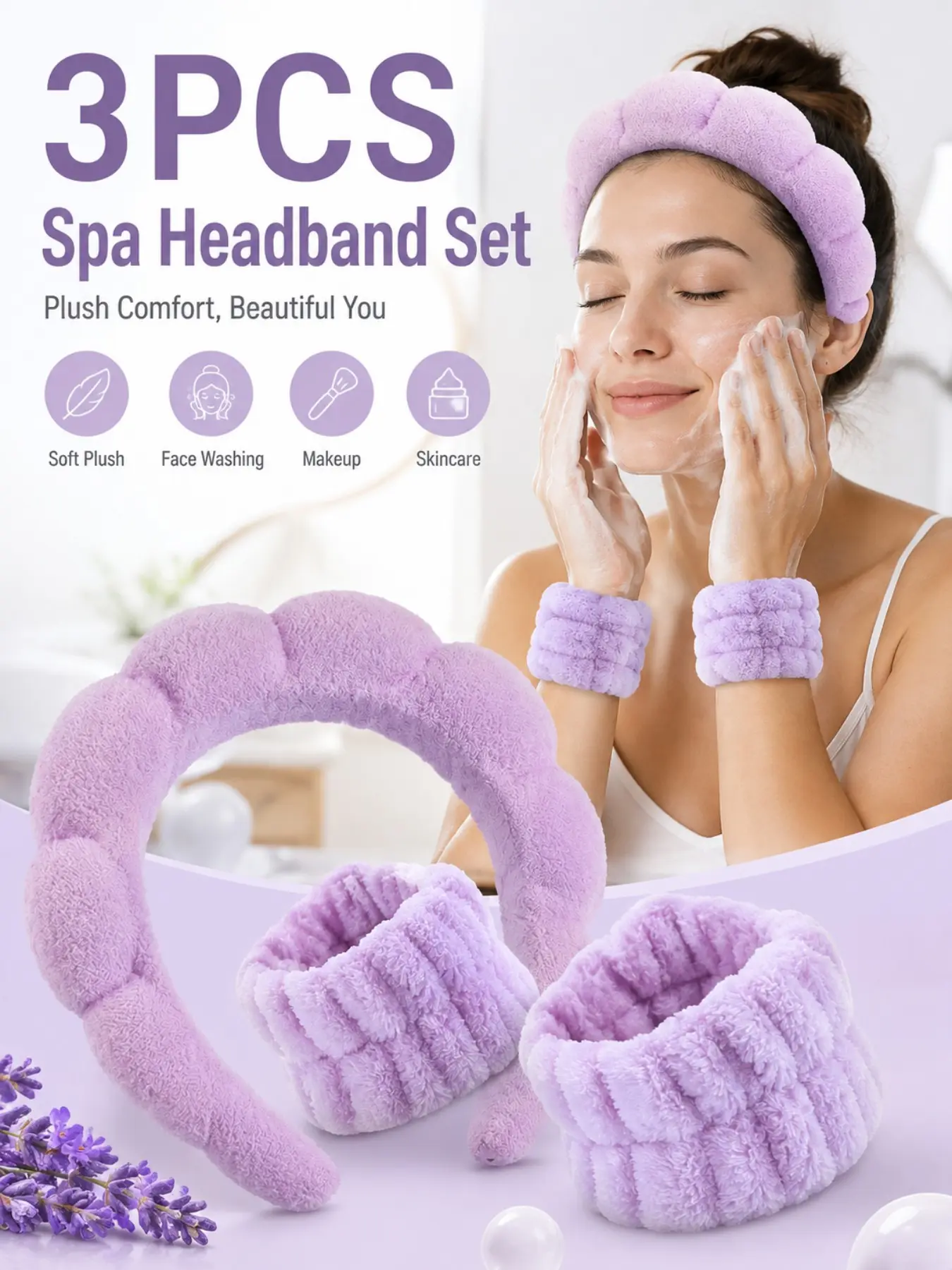 3-piece cloud spa fashion headband set, fluffy coral fleece bubble headband, 2 waterproof wristbands, soft elastic headband for washing face, skincare, makeup, and shower