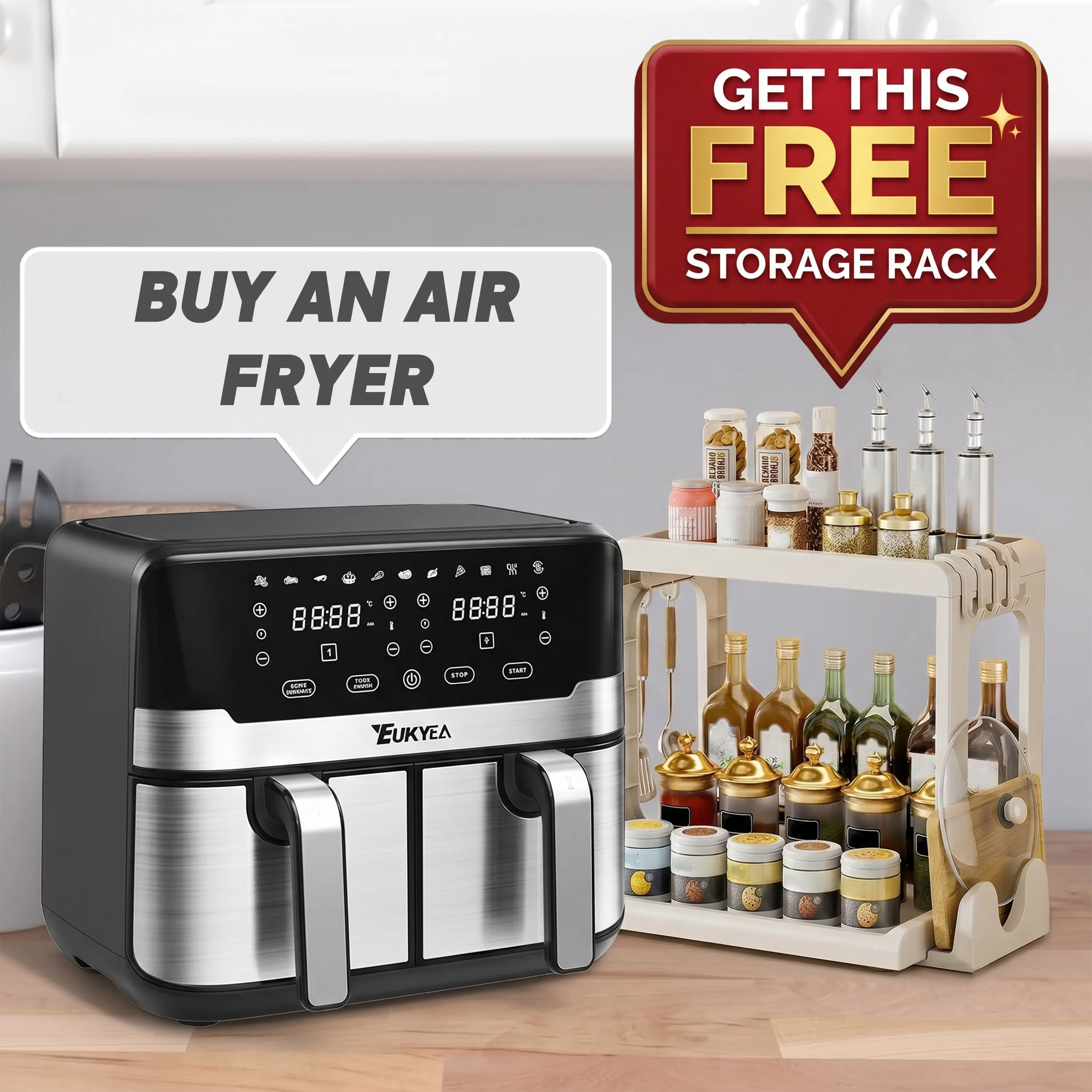 9.5L Large Capacity Air Fryer with Free Kitchen Counter Organizer Storage Rack, Cooks Whole Chicken or Family-Size Fries in 1 Go #AirFryer #LargeCapacity #TikTokDeals