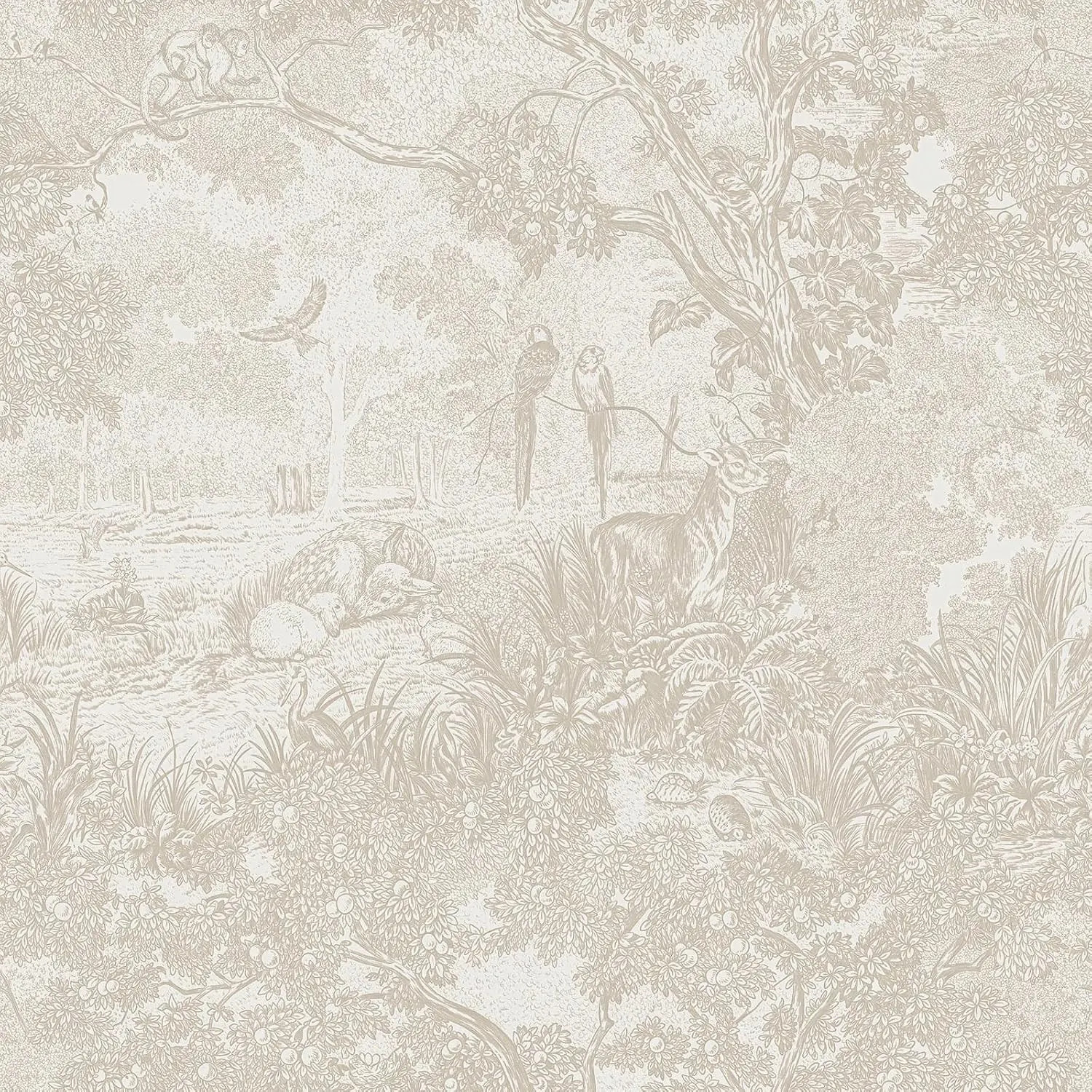 Peel and Stick Wallpaper Beige Neutral Vintage Forest Animals Floral Wallpaper Removable Self-Adhesive Contact Paper for Bedroom Living Room Cabinets Decoration Thicken Vinyl 17.3" x 393"