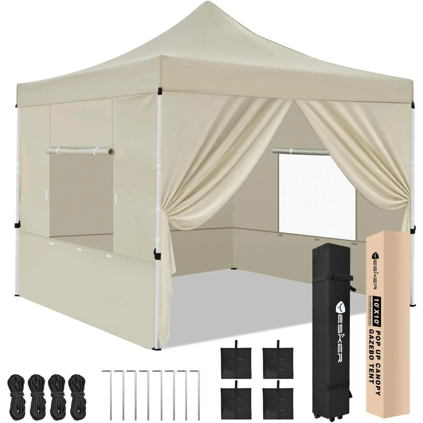 Yesker 10x10 ft Sturdy Pop Up Canopy Tent - Adjustable Portable Folding Outdoor Gazebo with 4 Sidewalls, Waterproof Instant Shelter, Stake, Sandbag, Wheel Carry Bag for Backyard Events, Camping, Khaki Brown, 420D Silver-Coated Fabric, Cover, Sun Protectio