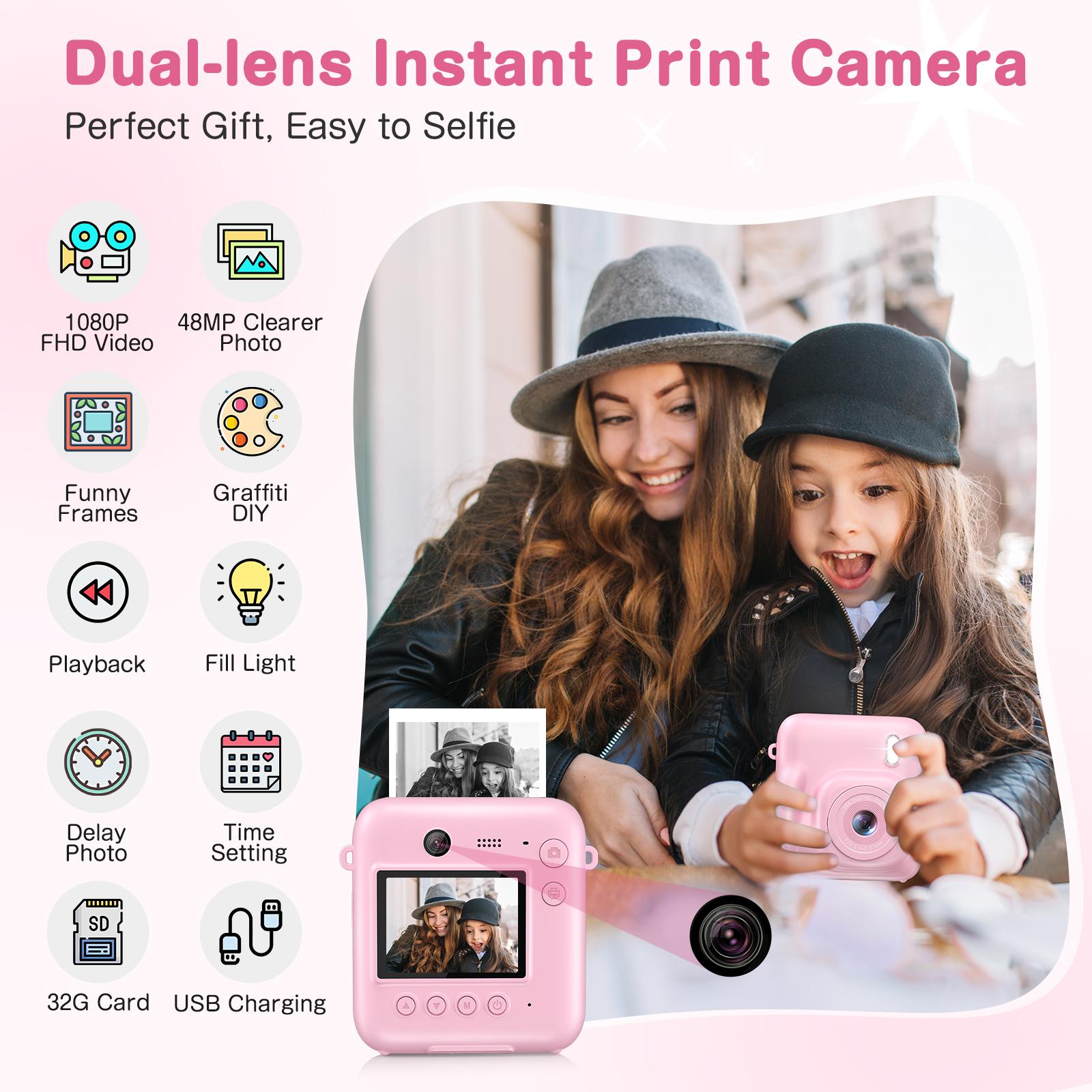 Portable Instant Print Digital Camera, 1080P Video Camera with 32G Card & 4 Rolls Print Paper, Camera for Boys and Girls Birthday Gifts