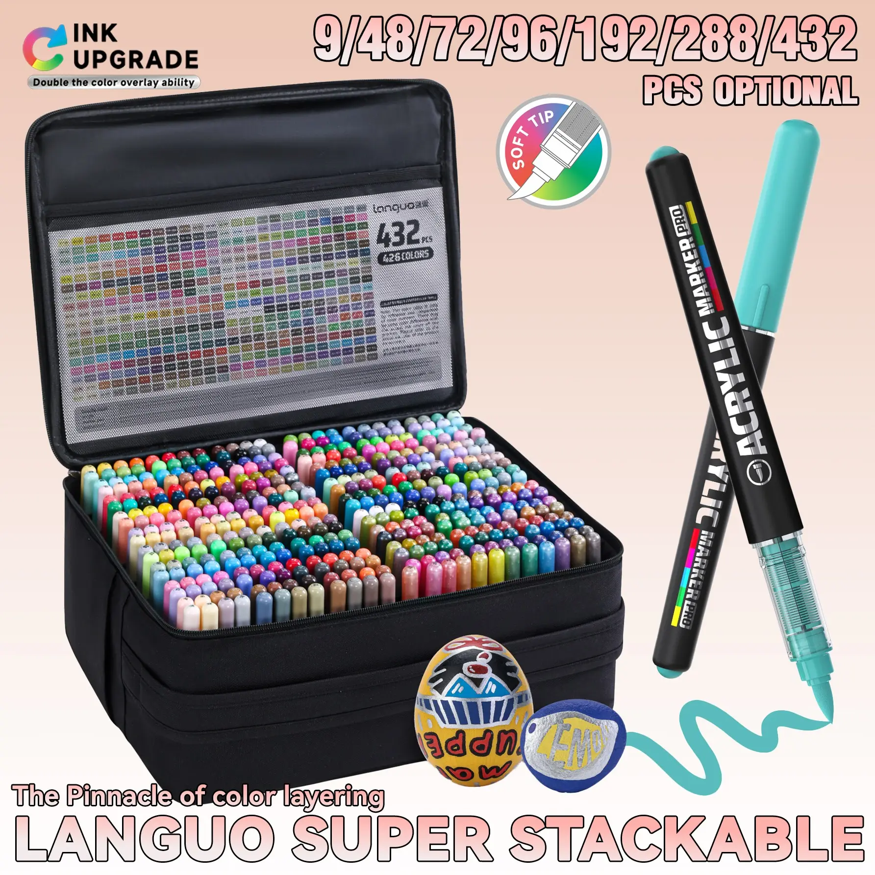 Languo New Color Series Acrylic Marker Pens Set 9-432 Pieces, Enhanced Ink Coverage, Non-Bleed, Multi-Material Use, Fabric Storage Bag Included