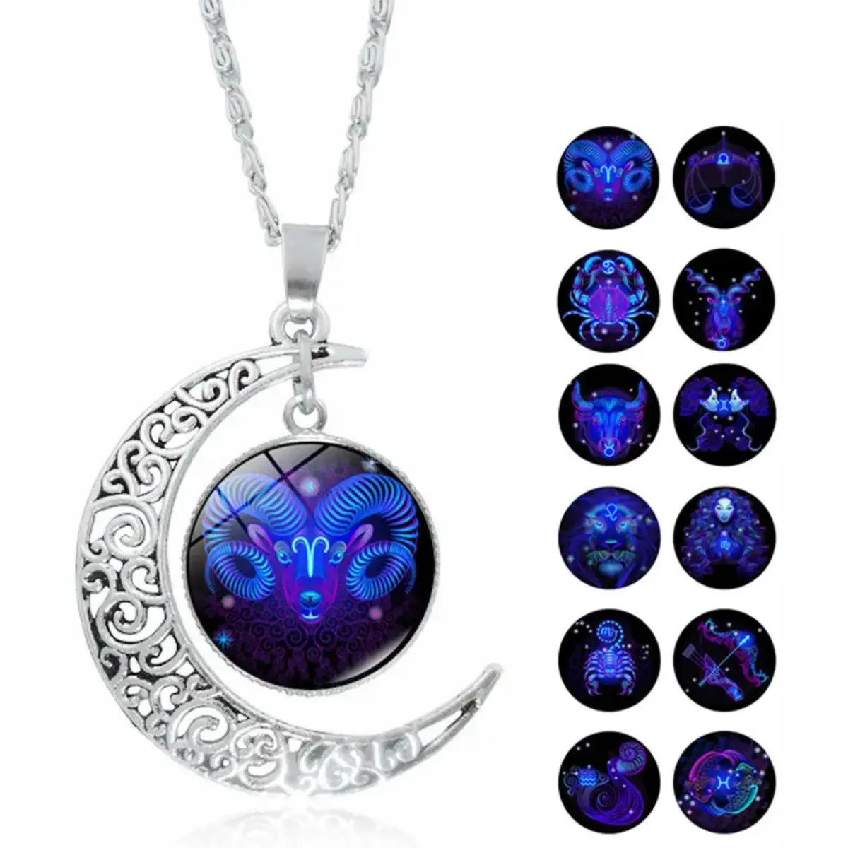 Glow in the Dark Zodiac Constellation Necklace - 12 Signs Luminous Crescent Moon Glass Pendant, Celestial Time Gemstone Fashion Jewelry Gift