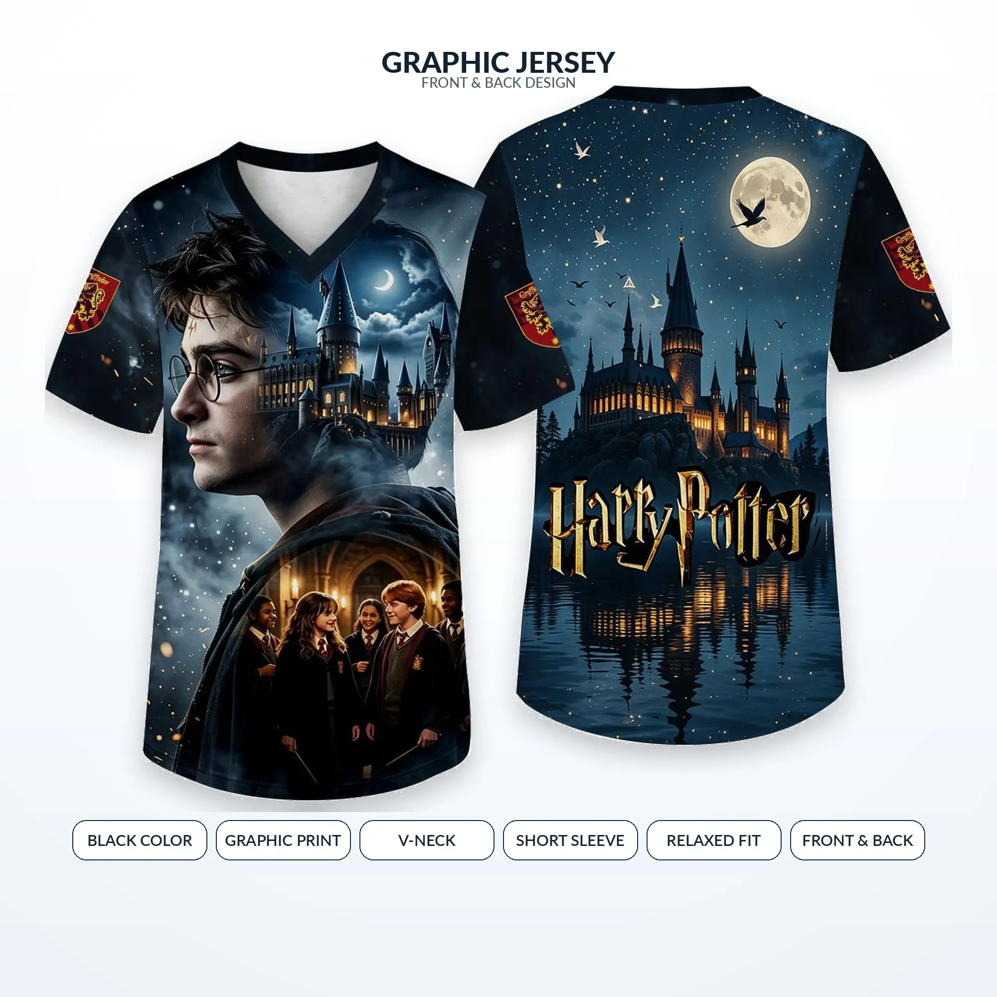 WB Harry Potter Unisex V-Neck T-Shirt, Shortsleeve Novelty Top with All-Over Hogwarts Castle Graphic Print and Curved Hem, Tops, Relaxed Fit, All-Over Print，outfits，men's wear，men fashion，summer men fashion clothes，couple gift,unisex graphic,anime manga,