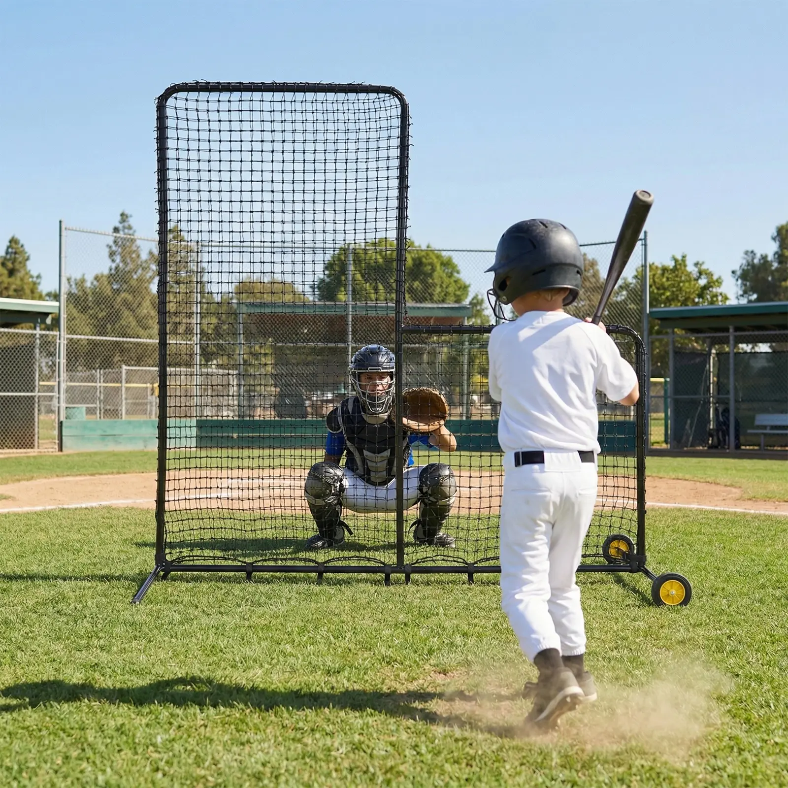 Heavy Duty L-Shaped Baseball Pitching Net with Wheels – Steel Protective Pitcher Screen for Batting Cage and Field – Portable, Perfect for Baseball, Softball & Tee-Ball Practice