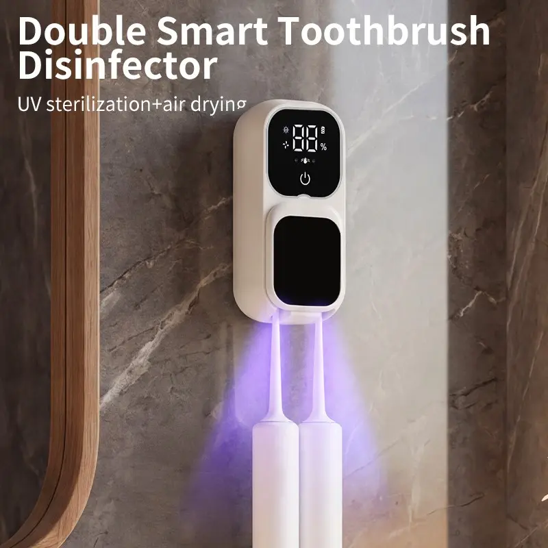 Smart Toothbrush Holder with Digital Battery Display, Uvc Sanitization, Silent Drying, Wall-Mounted, Infrared Sensor, No-Contact Brushing