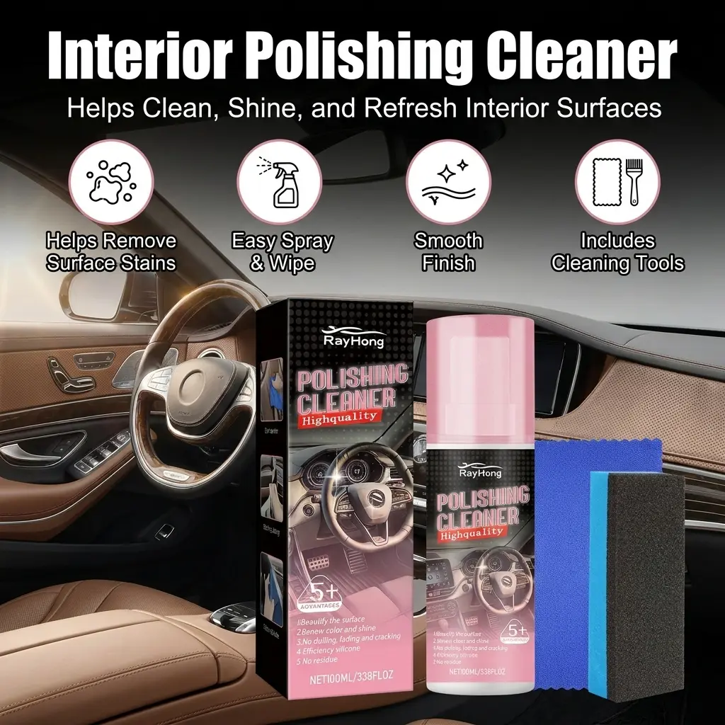 Leather Upholstery Cleaner and Car Interior Polish Kit with Tools, Auto Leather Care Cleaner for Seats, Dashboard, Door Panels, Console, Vinyl, Plastic Trim, Dust Care, Gloss Shine, Surface Renewal Care and Daily Vehicle Interior Detailing Use