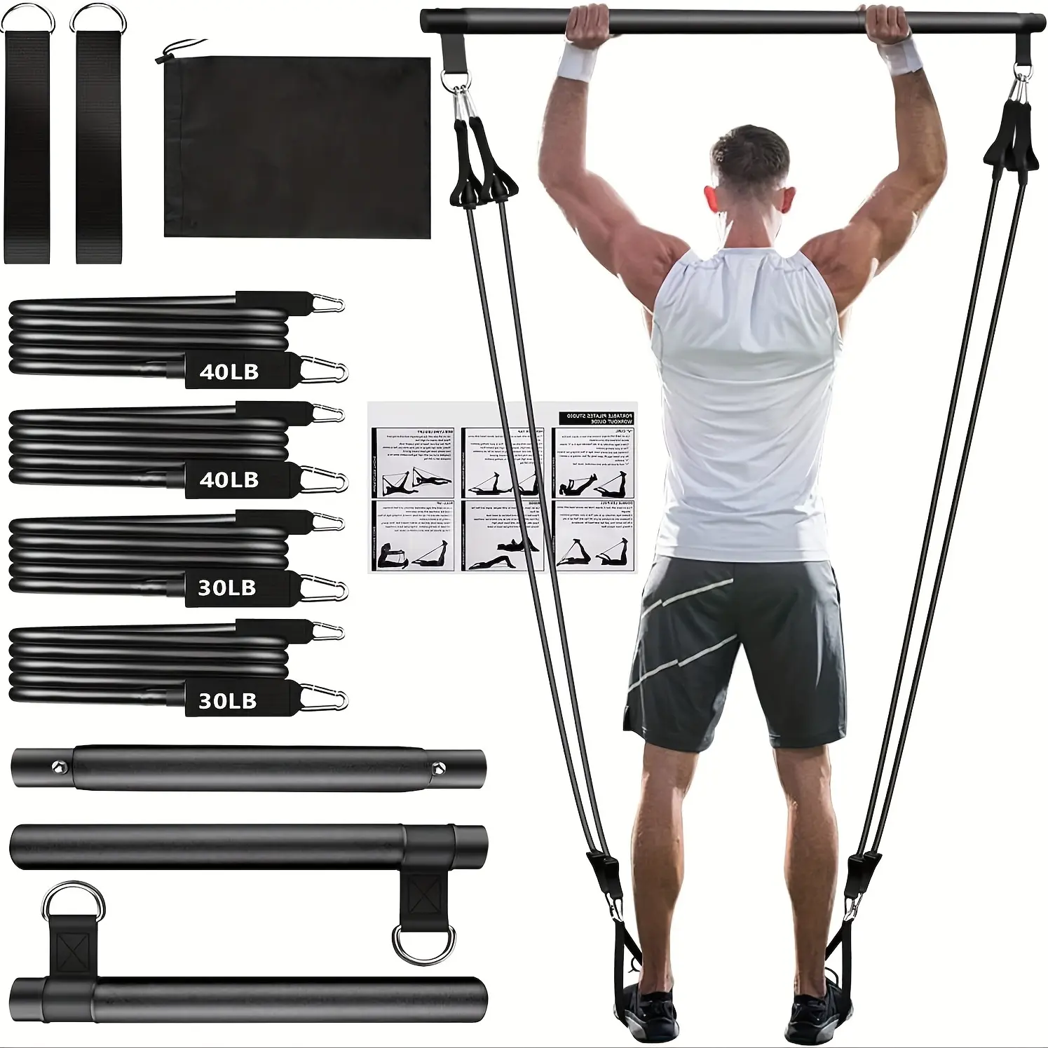 [Portable Home Gym] 8pcs Pilates Bar Kit With 4 Resistance Bands (140 Lbs) - A Portable Home Gym Fitness Equipment Set, Equipped With Ankle Straps And A Portable Drawstring Backpack, Suitable For Both Men And Women's Fitness Workouts