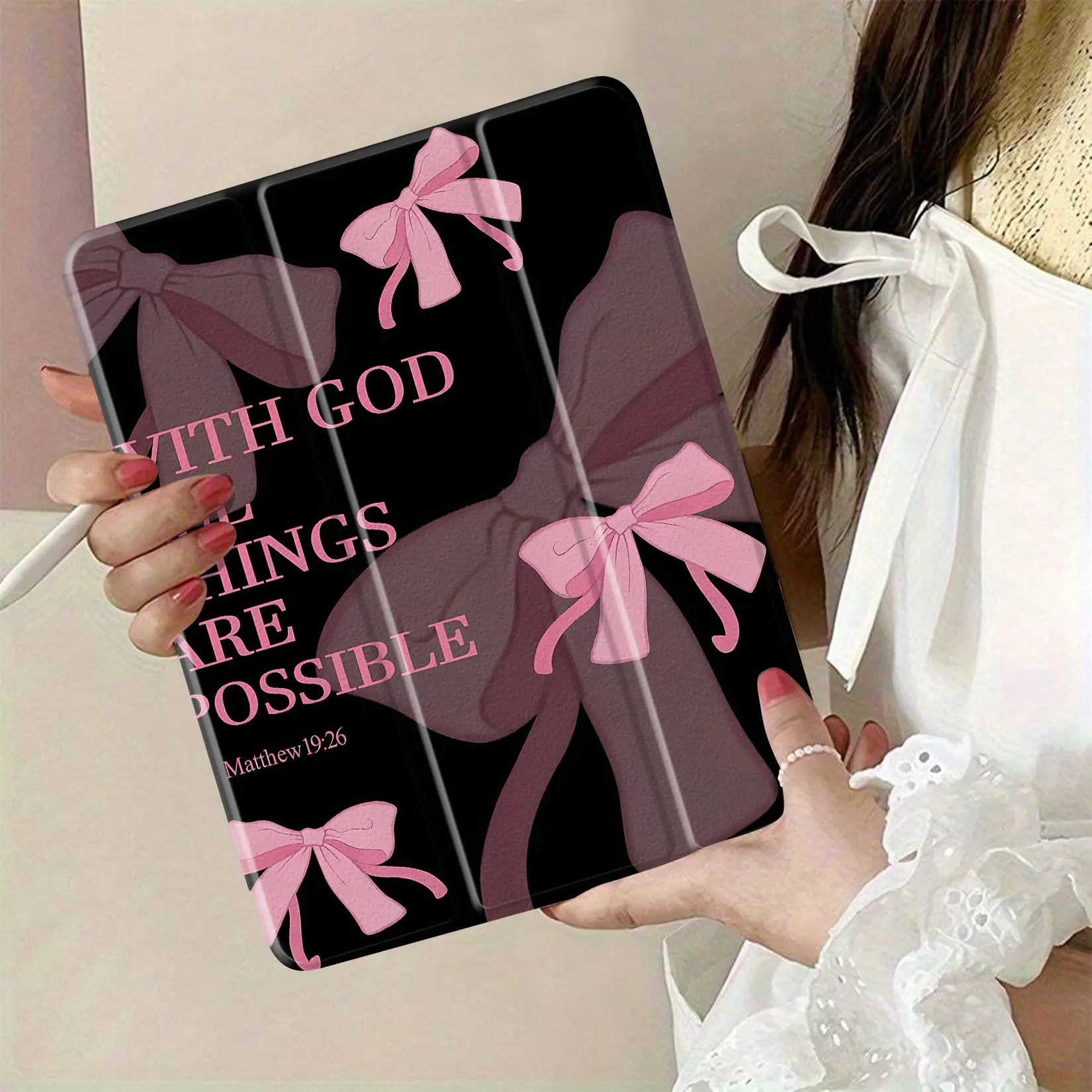 Inspirational Quote Tablet Cover - Pink Bow Decor, "With God All Things Are Possible" Typography, Stylish Tablet Casing, Electronics Accessory for Home Office Use, Quote Art