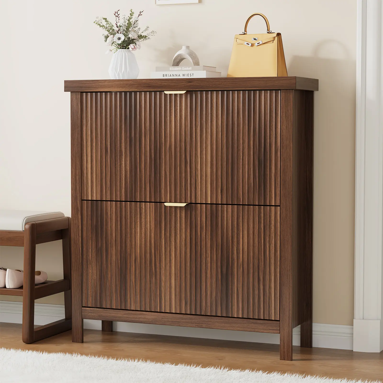 Garvee Fluted Shoe Storage Cabinet for Entryway - 2 Turnover Drawers, Space-Saving Shoe Organizer Cabinet - Dark Walnut Sophy