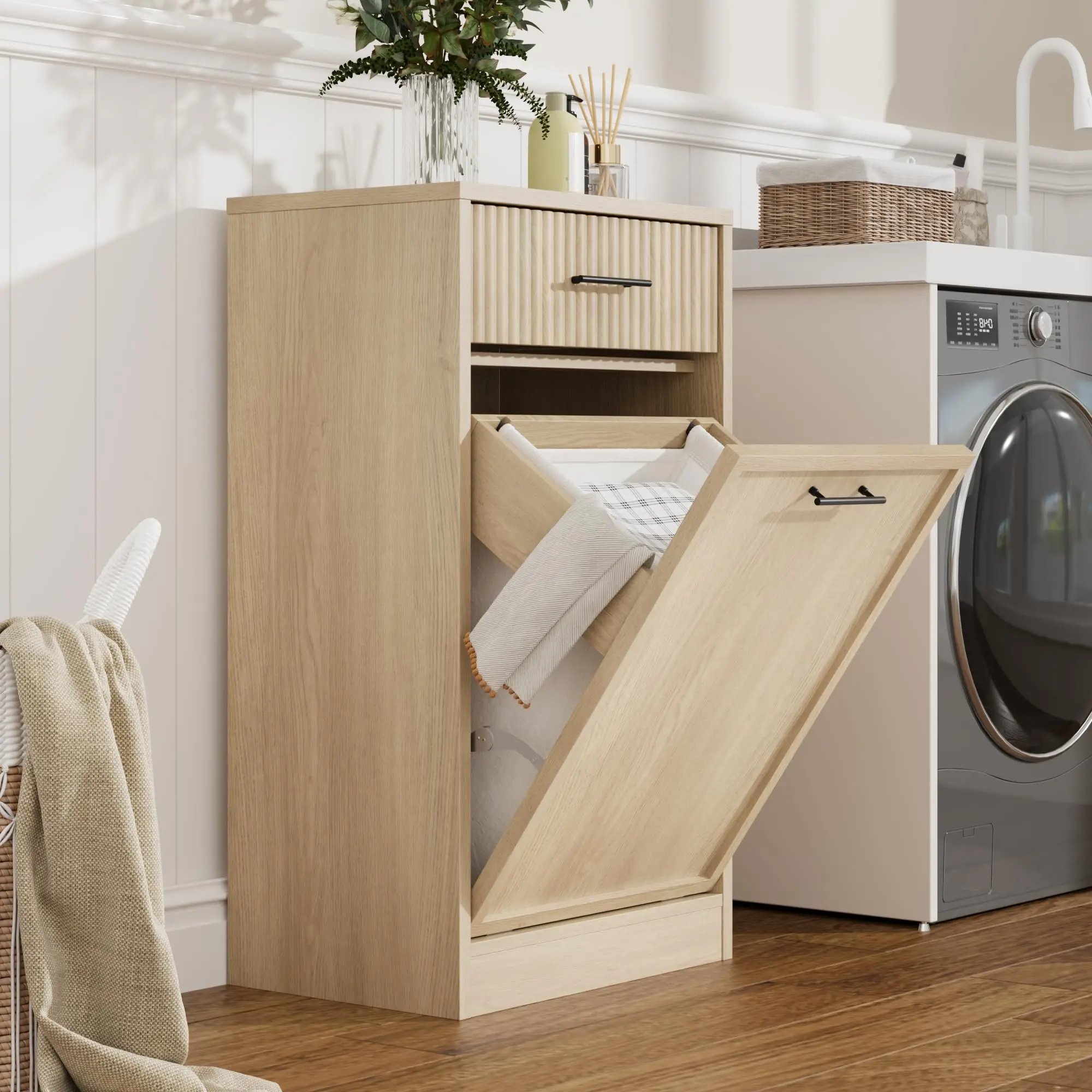 Single/Double Tilt Out Laundry Hamper Cabinet – Hidden Trash Can Cabinet with Drawer & Basket, Farmhouse Wooden Storage Cabinet for Bathroom Kitchen Laundry Room