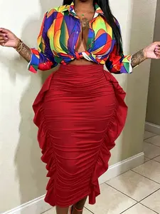 Spring Autumn Women's Solid High Waist Ruffle Bodycon Midi Skirt, Casual Daily Wear, Vacation Style, Chic, Elegant and Comfortable