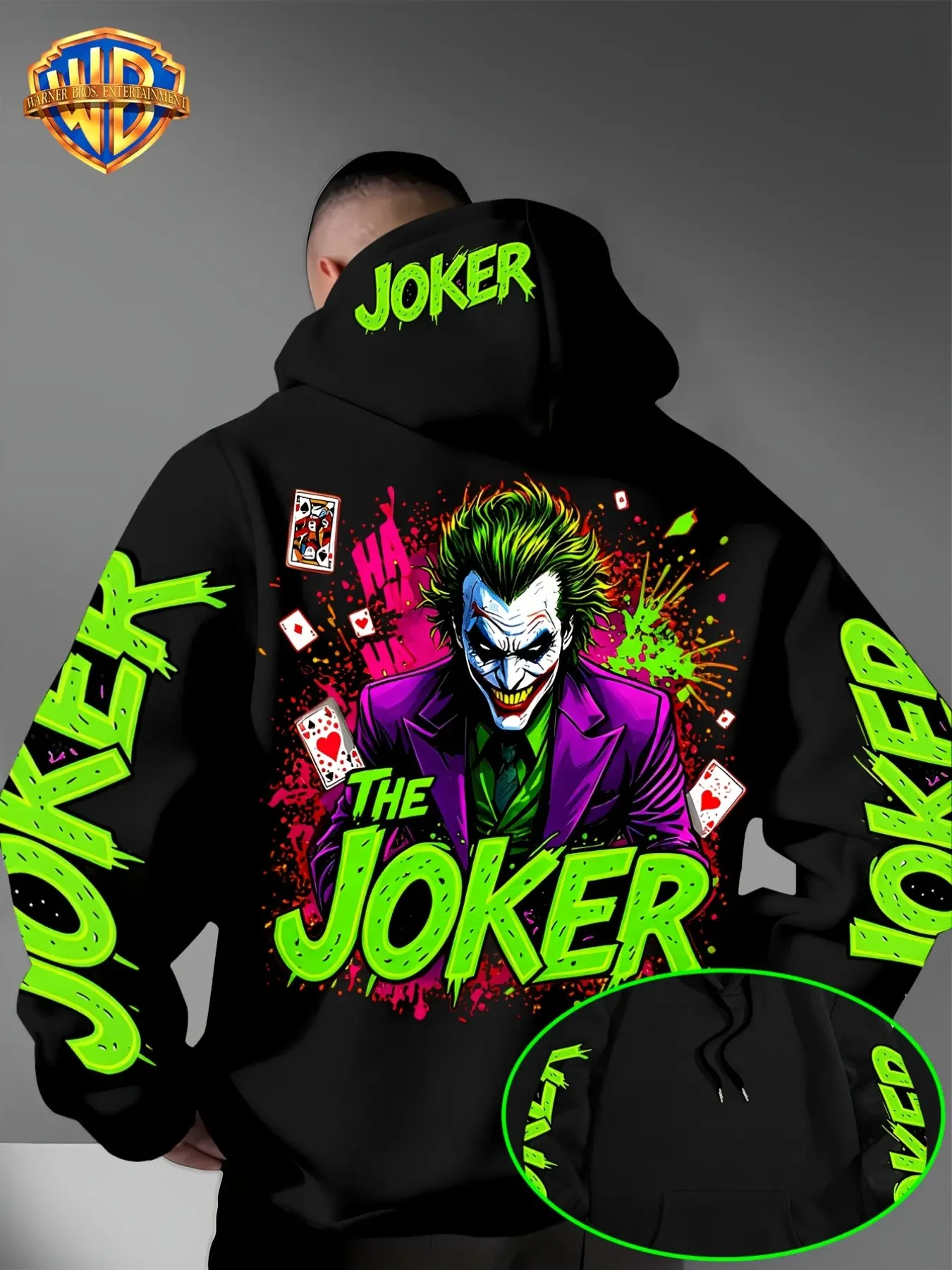 Warner Bros Men's Fluorescent Joker Print Hoodie, Casual Bright Street Style, Pullover Sweatshirt with Hat, Trendy Fashion Top