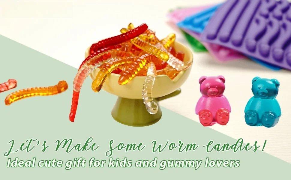 THE WELL KEPT Large Gummy Bear and Worm Mold Silicone, 4 PCS No Stick Chocolate Candy Gummy Molds for Edibles with 2 Droppers & Brush BPA-Free 100 Cavities, Ideal Gift for  Adult Halloween Party