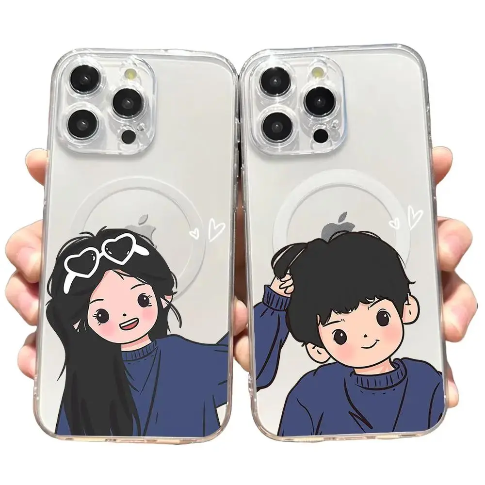 Cute Boy Girl Couple Phone Case for iPhone 12 11 13 14 15 16 17 Max Pro Plus Transparent Magsafe Magnetic Wireless Cover