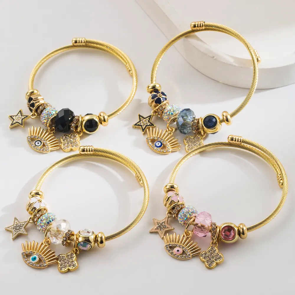 Loveden Unisex Adjustable Gold Open Cuff Bracelet, Evil Eye Star Four Leaf Clover Enamel Cubic Zirconia Charm Bangle, 4 Colors Black Blue White Pink Minimalist Stackable Daily Jewelry Gift