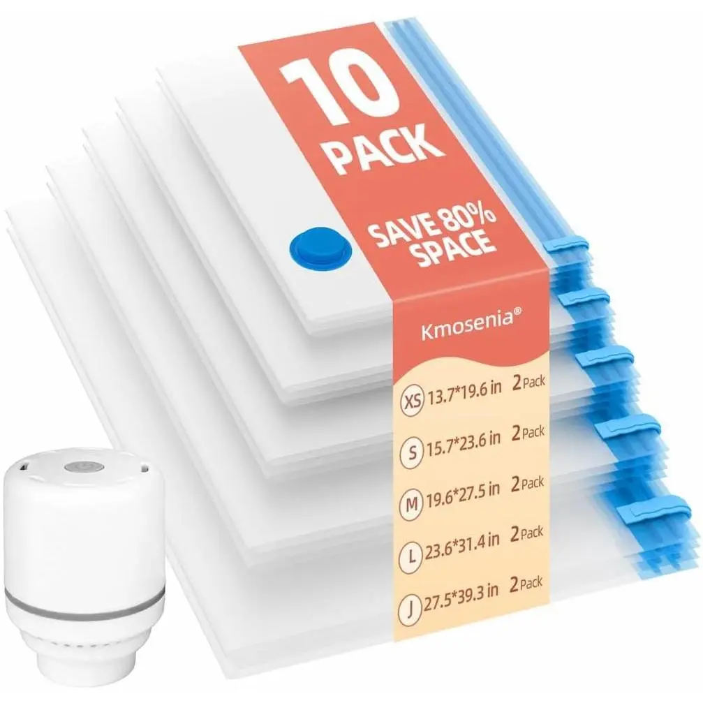Vacuum Bags with Electric Pump, Vacuum Seal Bags, Saver Compression Bags for Clothing, Pillows, Blanket, Bedding Comforters, Travel Lugggage, 10 Combo