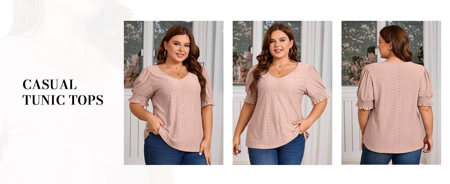 Imily Bela Womens Plus Size Tunic Tops V Neck Short Puff Sleeve Tops Casual Summer Eyelet Blouses