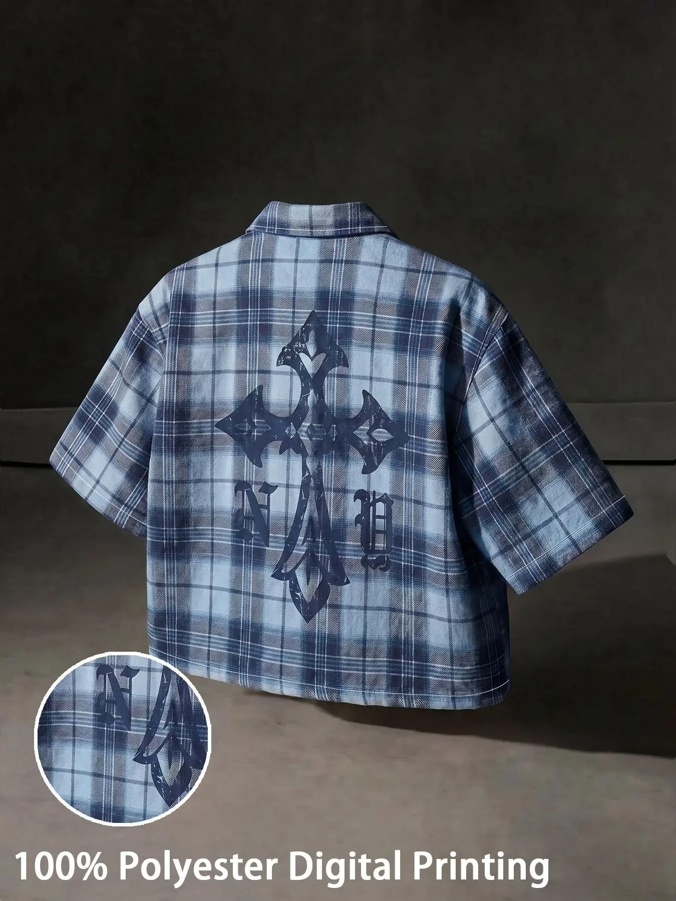 Men's Vintage Cuban Collar Shirt, Gothic Cross Print Back, Casual Short Sleeve Open Front, Loose Plaid Streetwear Top