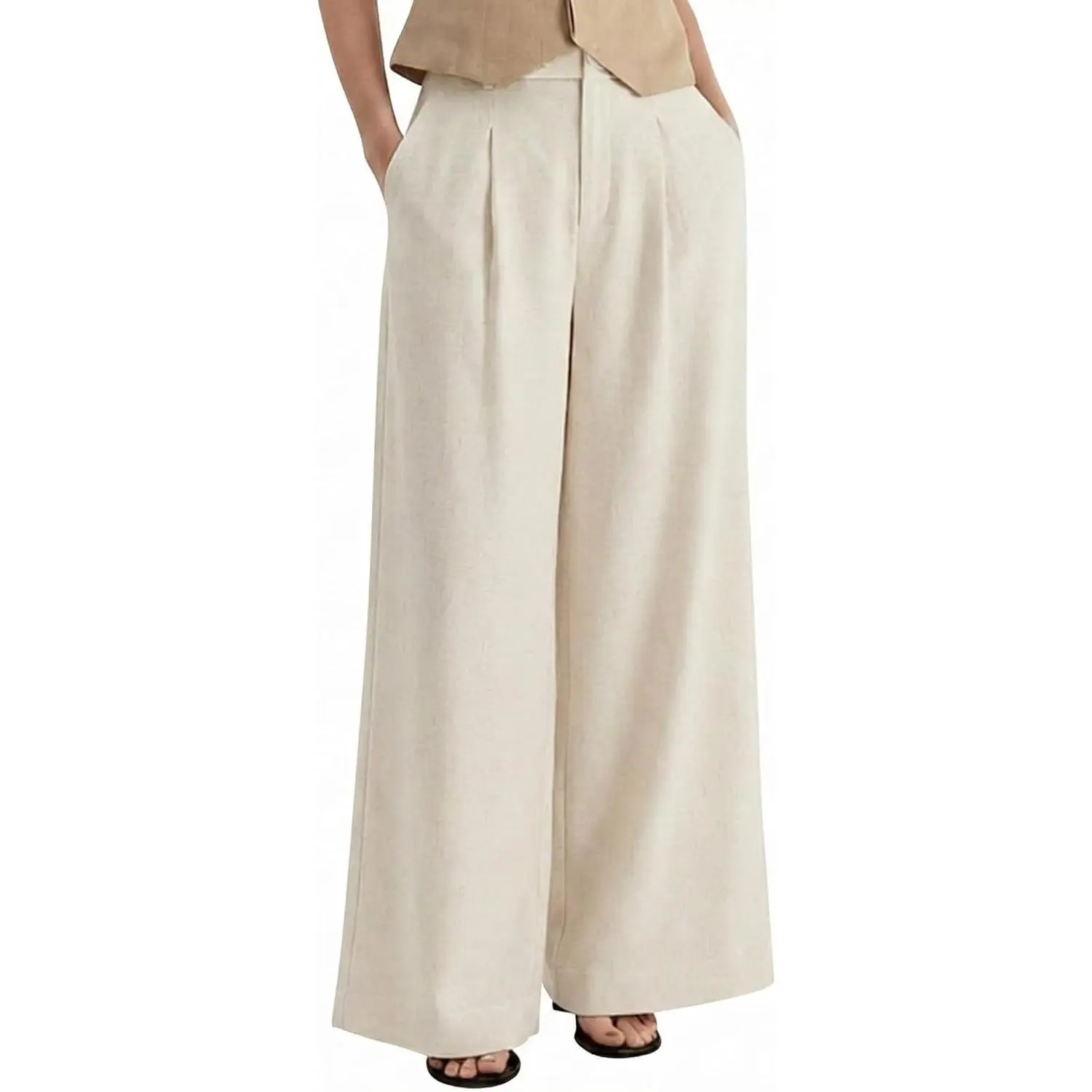 Women's Linen Trousers, High Waist Wide Leg Palazzo Pants for Business Casual Work, Smooth Slip-On Dress Pants for a Confident City Vibe, Bottom, Pockets