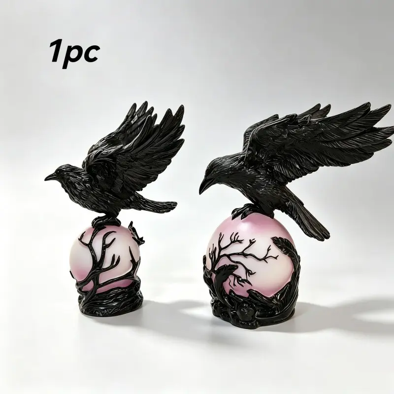 1Pc Halloween Raven Crow Eagle Statue Crystal Ball Figurine Gothic Spooky Witchy Dark Academia Aesthetic Black Bird Perched On Translucent Pink Orb With Branch Details Resin Home Desk Shelf Decor TikTok Shop Summerween