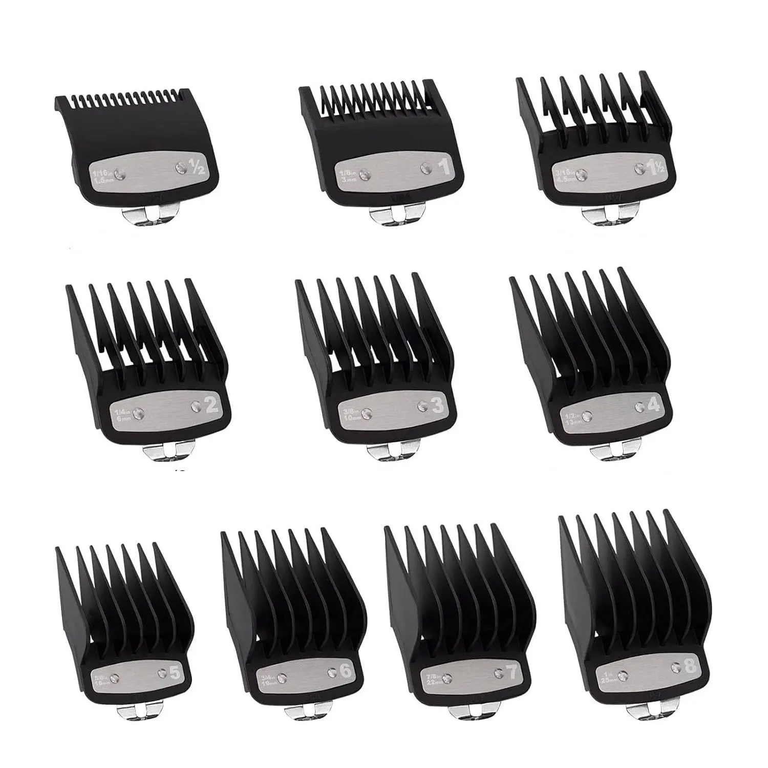 Wahl-Compatible Unisex Clip-On Hair Clipper Guards, Black 3-Pack, Multi-Size Durable PC Cutting Guides with Metal Clip, Easy Snap Fit, Washable, 1/16in-1in Precision Trim Sizing for All Hair Types
