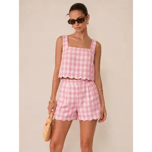 Gingham Scallop Hem Crop Top & Shorts Set