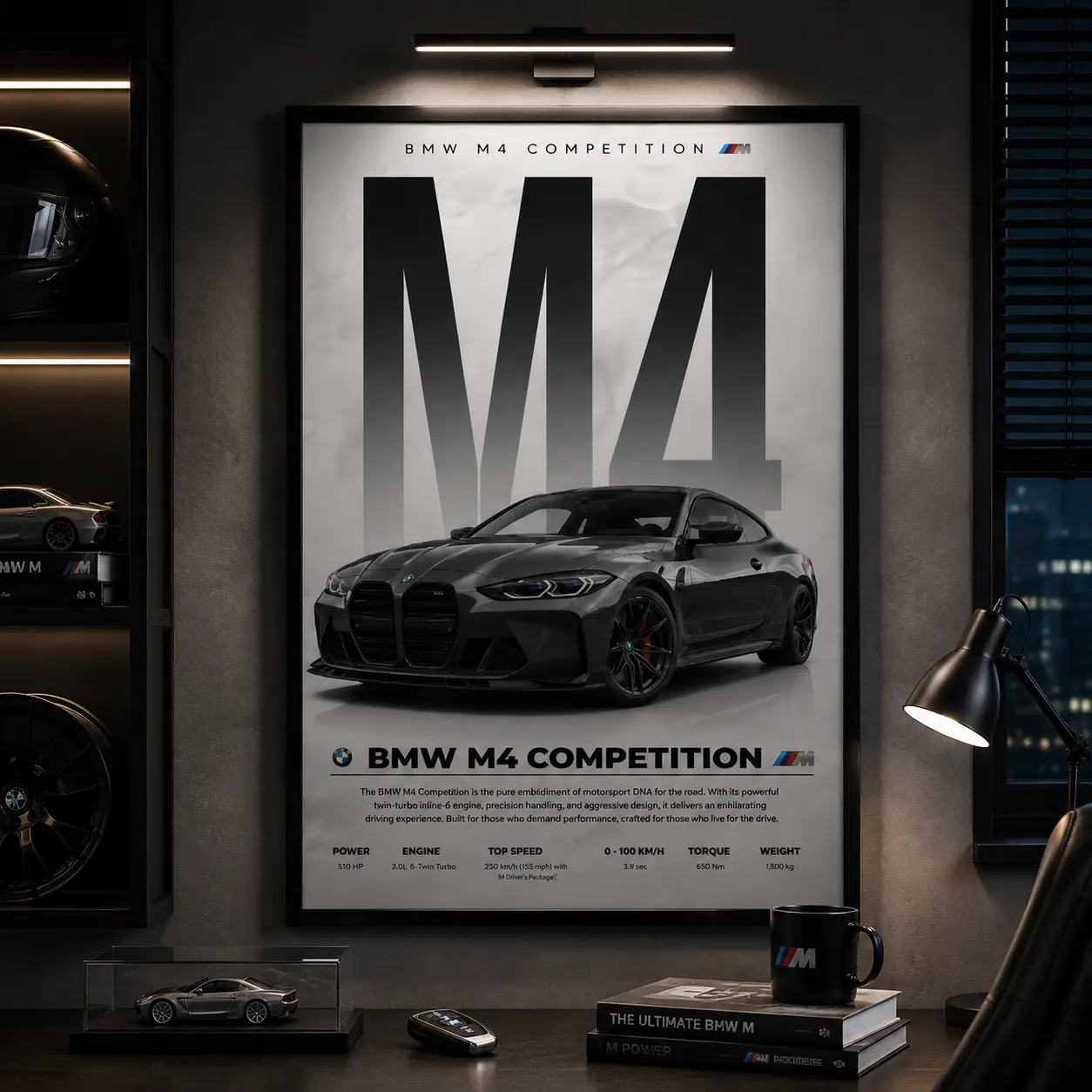 BMW M4 Competition Canvas Wall Art Poster Print Modern Luxury Sports Car Automotive Decor Garage Bedroom Living Room Man Cave Racing Aesthetic HD Print Wall Decoration Gift for Car Enthusiasts Performance M Power Racing