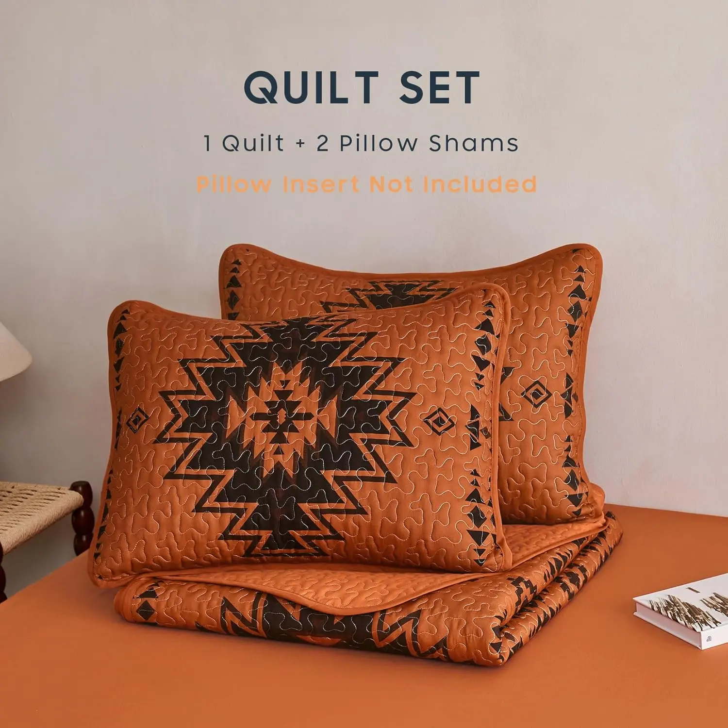 Summer Room Refresh Western Quilt Set, Southwestern Farmhouse Aztec Geometric Reversible Lightweight Coverlet Bedspread, 3 Piece Burnt Orange Bedding, Full Queen Size