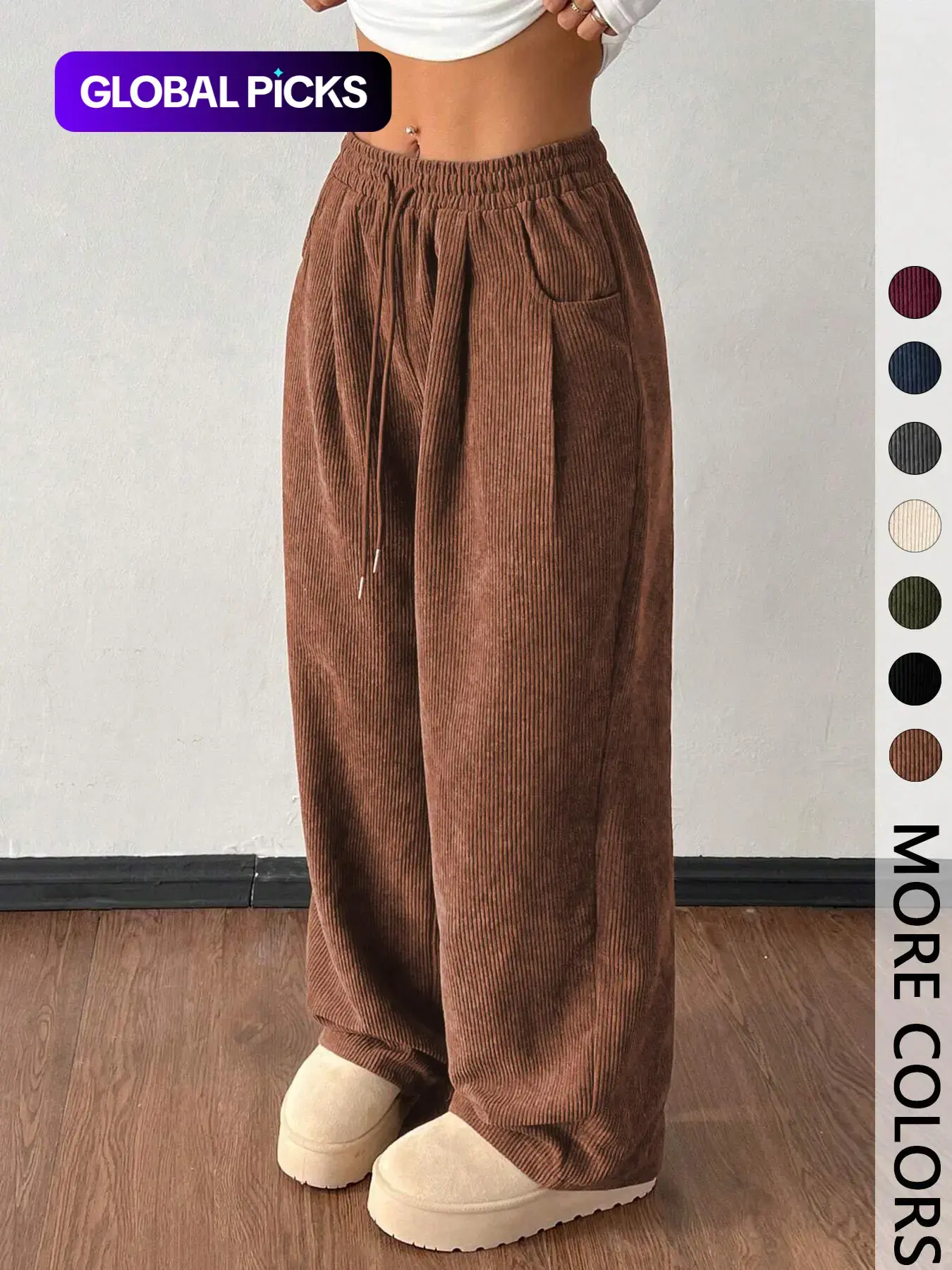 Women's Vintage Basic Loose-Fitting Baggy Oversized Solid Corduroy Drawstring Adjustable Bottom Pants, Womenswear Casual All-Season Straight Leg Trousers for Autumn & Winter Valentine's Day