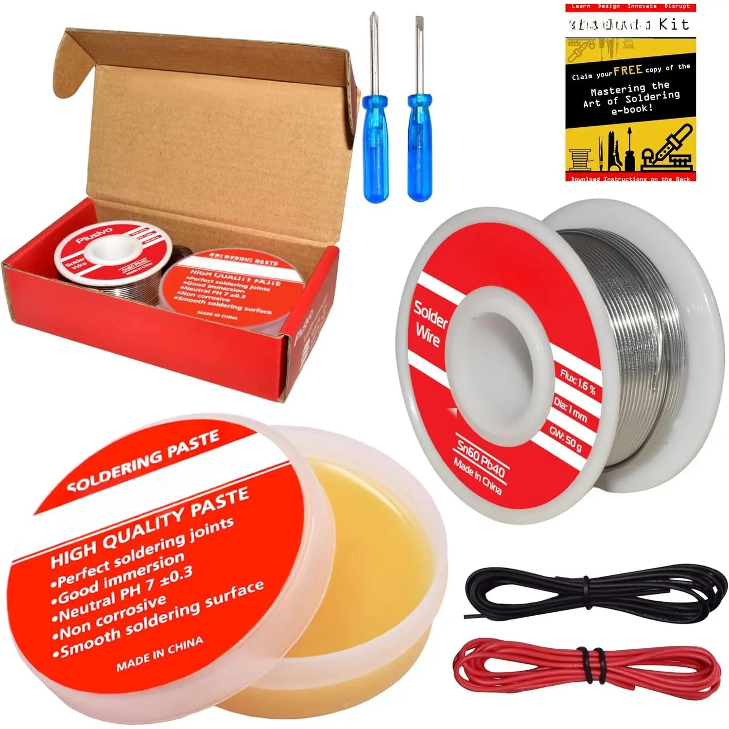 60-40 Tin Lead Rosin Core Solder Wire (1mm, 50g) and Rosin Paste Flux Kit for PCB Electrical Soldering and DIY Electronics Repair Hobby from