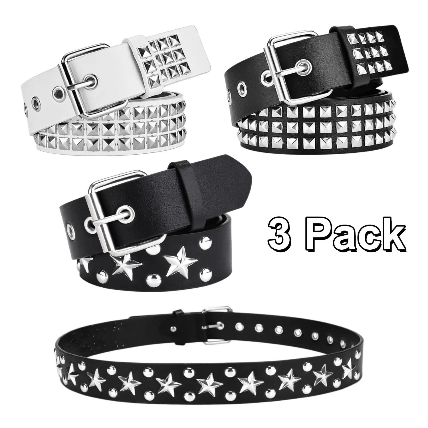 3 Pcs White Black Studded Belt Y2K Belt Gothic Punk Rock Belts with Grommet Threads Bright Metal Pyramid Cool Belts for Women Men