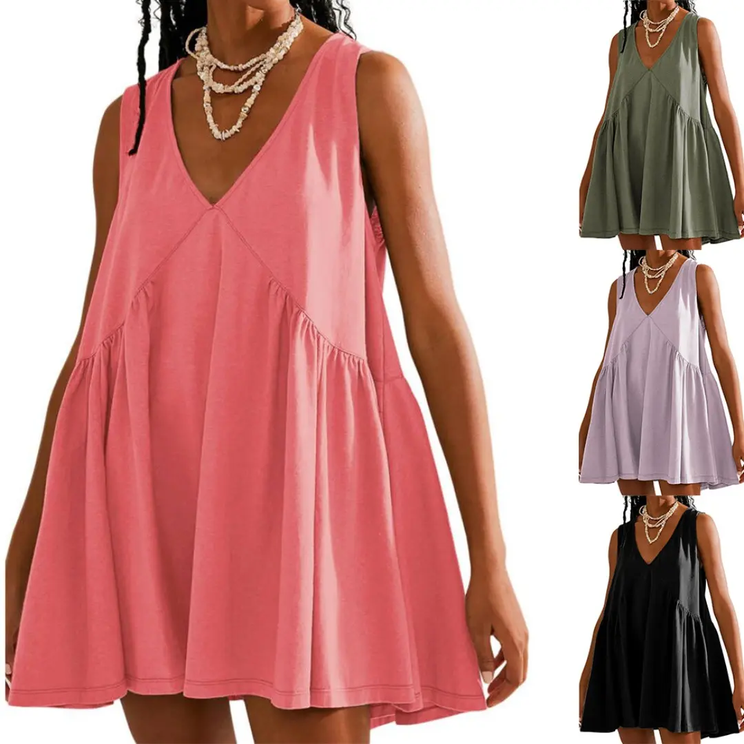 Women's Summer Casual V-neck Sleeveless Tank Loose Dress # line graduation high low lavender corset Elegant Solid Color Cami Lounge maxi empire waist ending blue rainbow tube clothes woman clothing flowy long women dresses for cruise attire