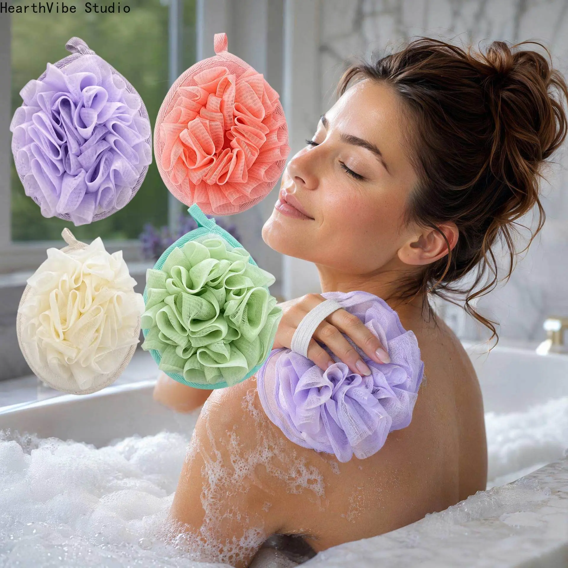 4 Pack Bath Loofah Sponge Exfoliating Shower Pouf Ball with Elastic Hand Strap Soft Body Mesh Scrubber for Women Men Bathroom