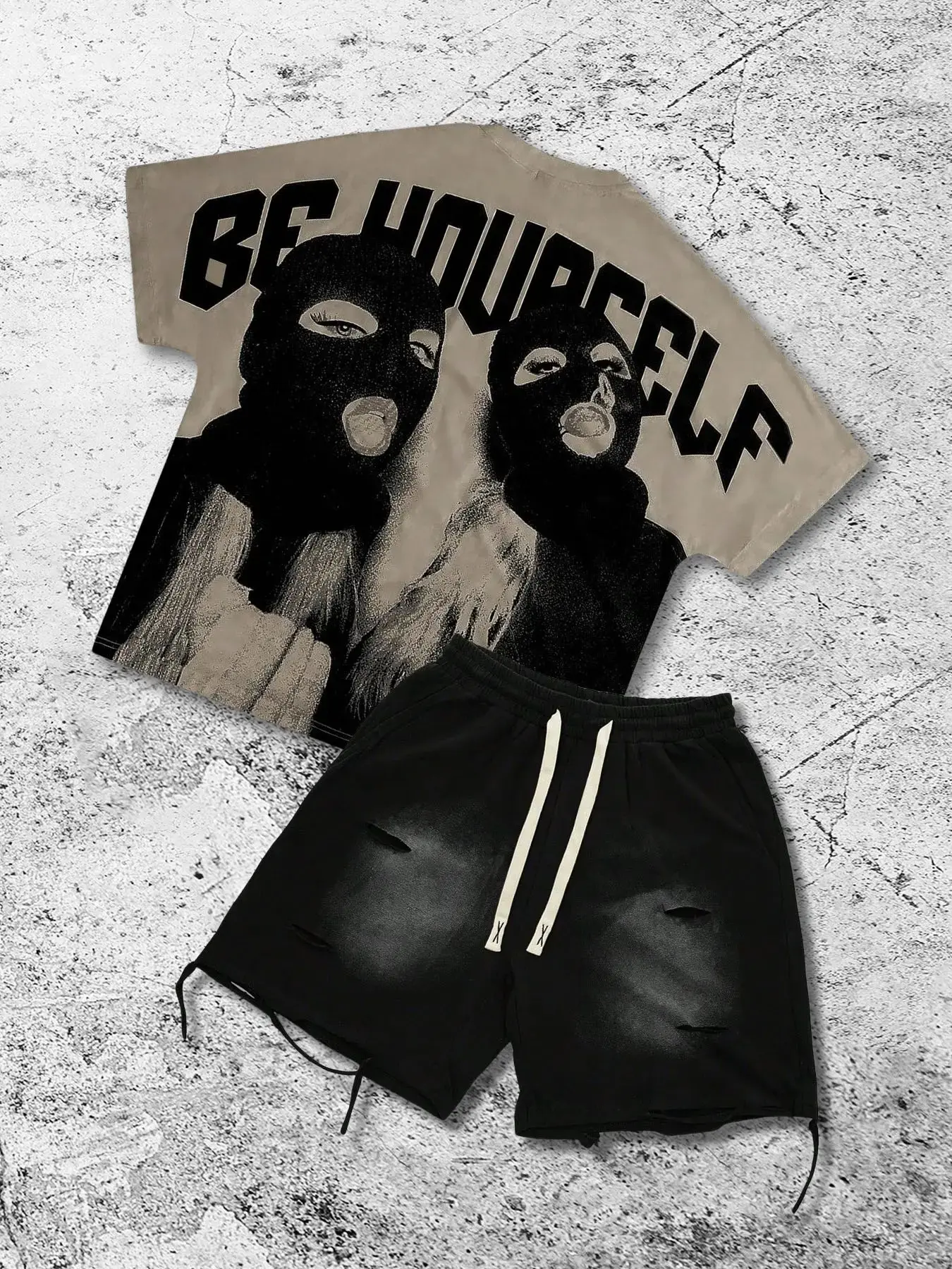 High Street Masked Figure Be Yourself Large Letter Aesthetic Short Sleeve Top Set for Men, Gradient Washed Ripped Drawstring Five-Quarter Shorts Two-Piece Set