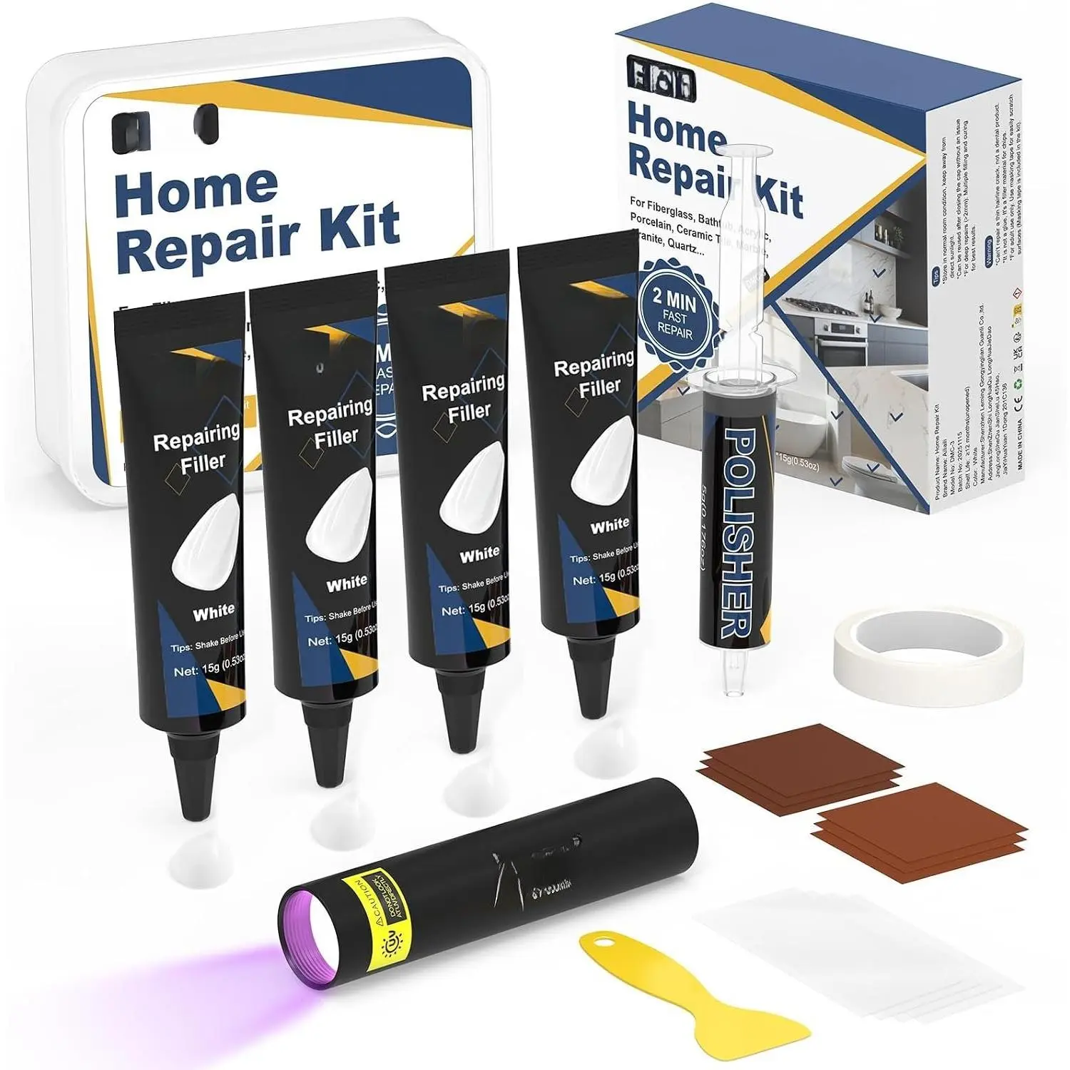Quartz Countertop Repair Kit, Fiberglass Tub & Tile Repair Kit | 4*15g White Filler, 30s  Repair Chip, Hole, Scratch, Crack  Porcelain, Granite, Marble, Ceramic Tile, Bath Tub, Sink
