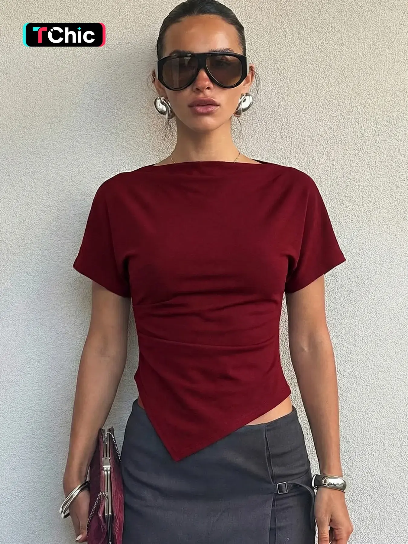 Women's Solid Color Boat Neck Irregular Hem T-shirt Top, Plain Asymmetrical Ruched Short Sleeve Slim Fit Tees Blouse, Party Club Date Holiday Music Festival Daily Y2K Casual Elegant Crop Tops Shirts For Ladies All Seasons Summer Fashion Clothes Wear