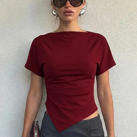 Women's Solid Color Boat Neck Irregular Hem T-shirt Top, Plain Asymmetrical Ruched Short Sleeve Slim Fit Tees Blouse, Party Club Date Holiday Music Festival Daily Y2K Casual Elegant Crop Tops Shirts For Ladies All Seasons Summer Fashion Clothes Wear