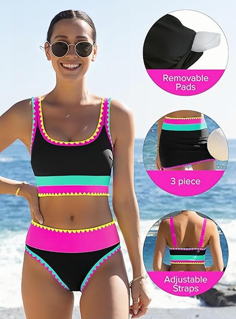 New three-piece bikini swimsuit with a high-waisted design that flattens the tummy, adjustable wide shoulder straps, and a fluorescent color for sporty beachwear, perfect for kayaking.