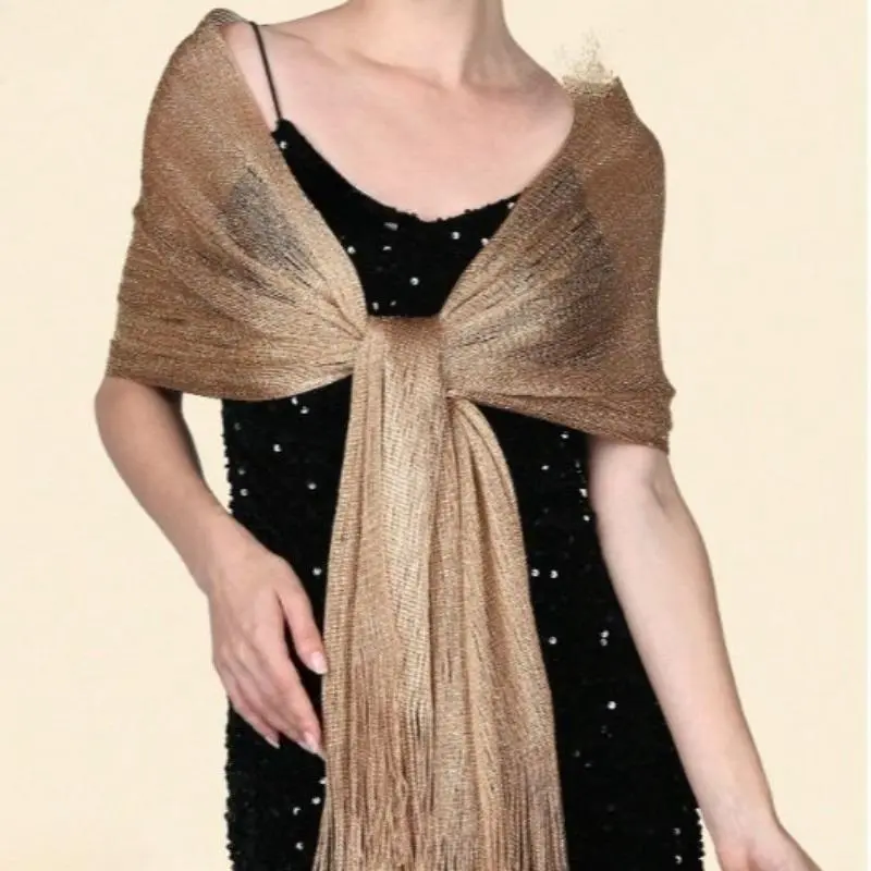 Women’s Glitter Metallic Solid Tone Shawl - Sheer Fabric Wrap Style Wide Draped Scarf, Soft Lightweight UV Blocking Formal Wear Stole for Wedding Gowns Evening Dresses, Dual-Purpose Travel Luggage Decor Twilly Charm