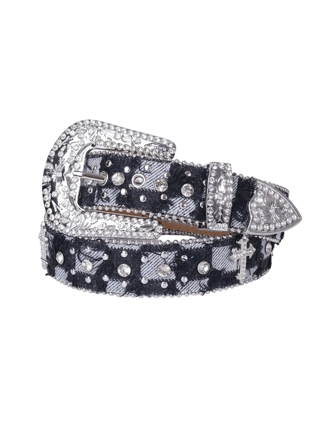 Unisex Frayed Buffalo Plaid Belt, Rhinestone Cross Ornament, Western Buckle, Gothic Y2K Style, Perfect for Denim, Raves, Concerts