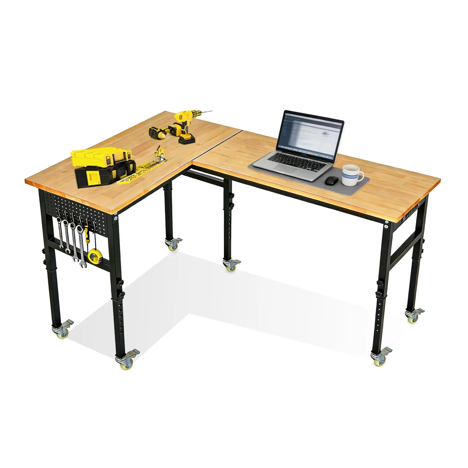 Heavy Duty 130" L-Shaped Workbench with Wheels – 2000 lbs Capacity, Adjustable Height, Power Outlet, Pegboard, Drawers, Rubberwood Top – Mobile Garage Workshop Repair Tool Table