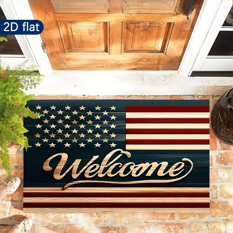 Unisex American Flag Stripes Welcome Mat - 1pc Non-slip Diatomite 2D Flat Rectangular Front Door Rug, Patriotic Casual Fashion Accessory for Home Daily & Ceremony Use