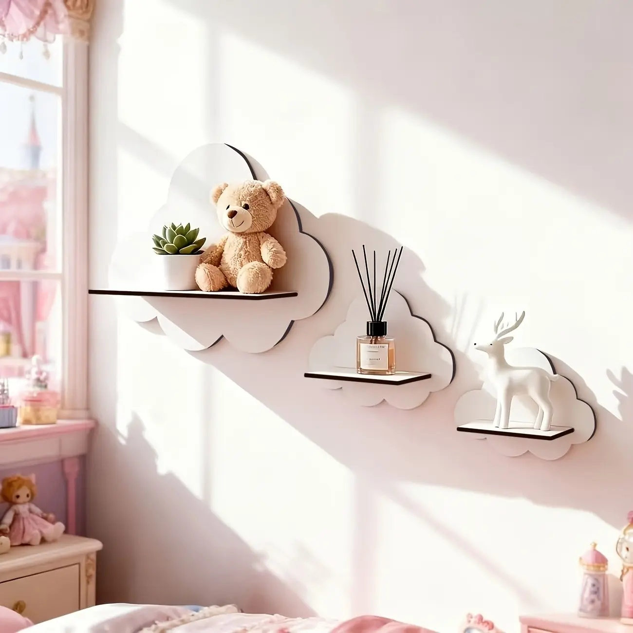 3pcs Pure Cloud Wall-Mounted Shelves, Wooden Cloud Shape Floating Shelf, Girl Heart Cloud Wall Rack, Crystal Display Stand, Room Decor, Decorative