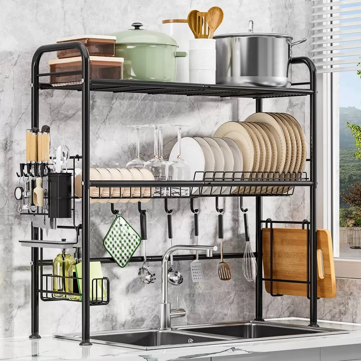 3-Tier Over The Sink Dish Drying Rack,Stainless Steel Dish Rack with Cutlery Holder & Chopping Board Rack, 33.5" x 10" x 31.9" for Maximum Kitchen Storage(Black) organizer pan stand basket compartment removable ceramic bowl house