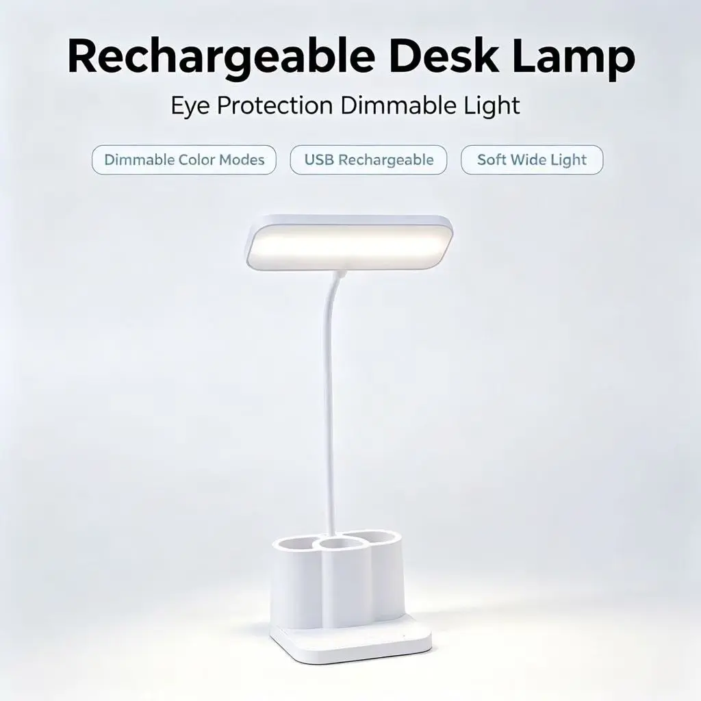 Adjustable Color Temperature Eye Protection Table Lamp, Dimmable Lamp, USB Rechargeable, Pen Holder & Phone Stand, Ideal for Bedroom & Dormitory Lighting