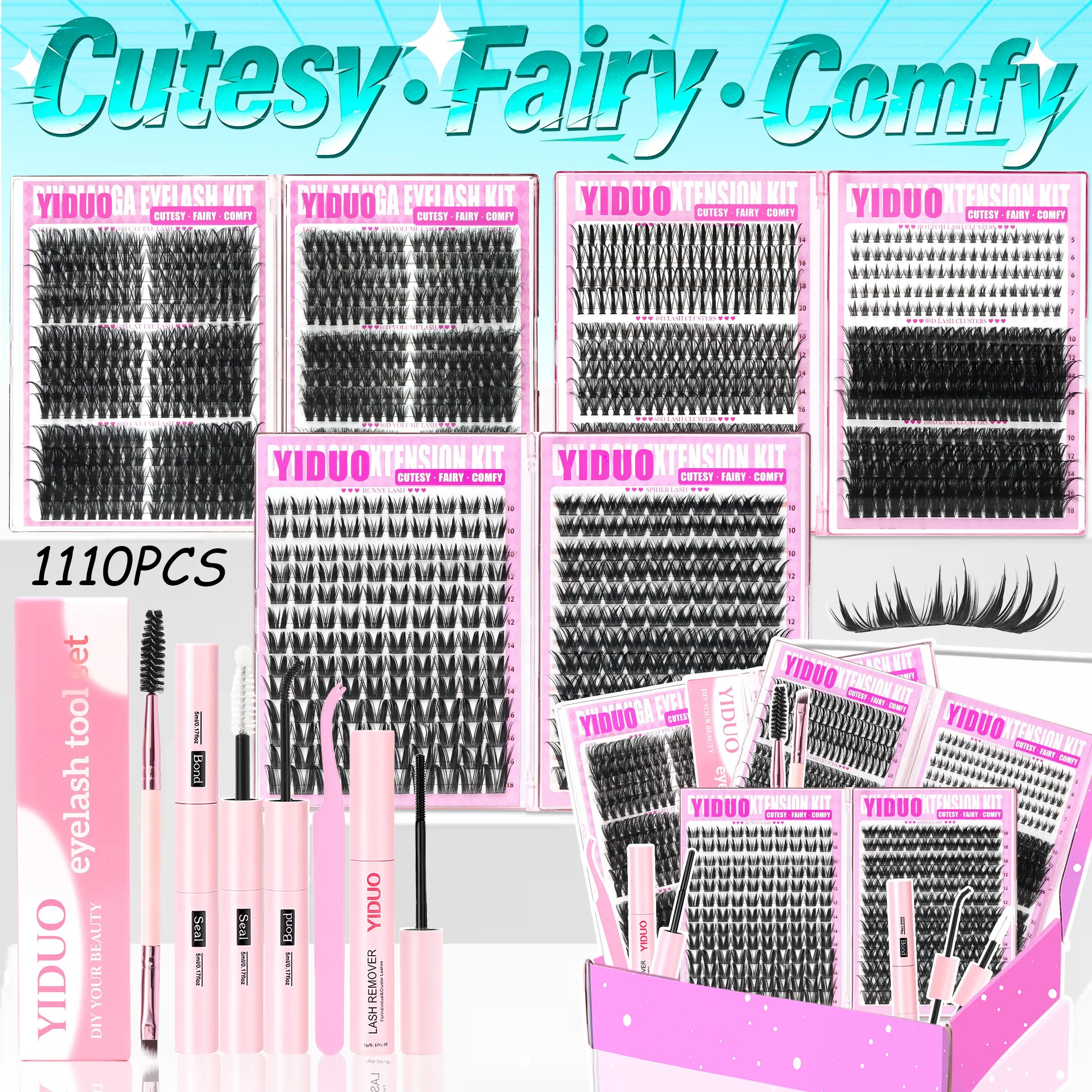 YIDUO 1110pcs DIY Lash Extension Kit - Complete Eyelash Clusters Set with Bond & Seal, Remover, Tweezers, Eyelash Brush  - 10-18mm D Curl Manga, Cat Eye, Wispy Volume Lashes (50D, 60D, 80D, 100D) for Home Salon Includes Lash Tools