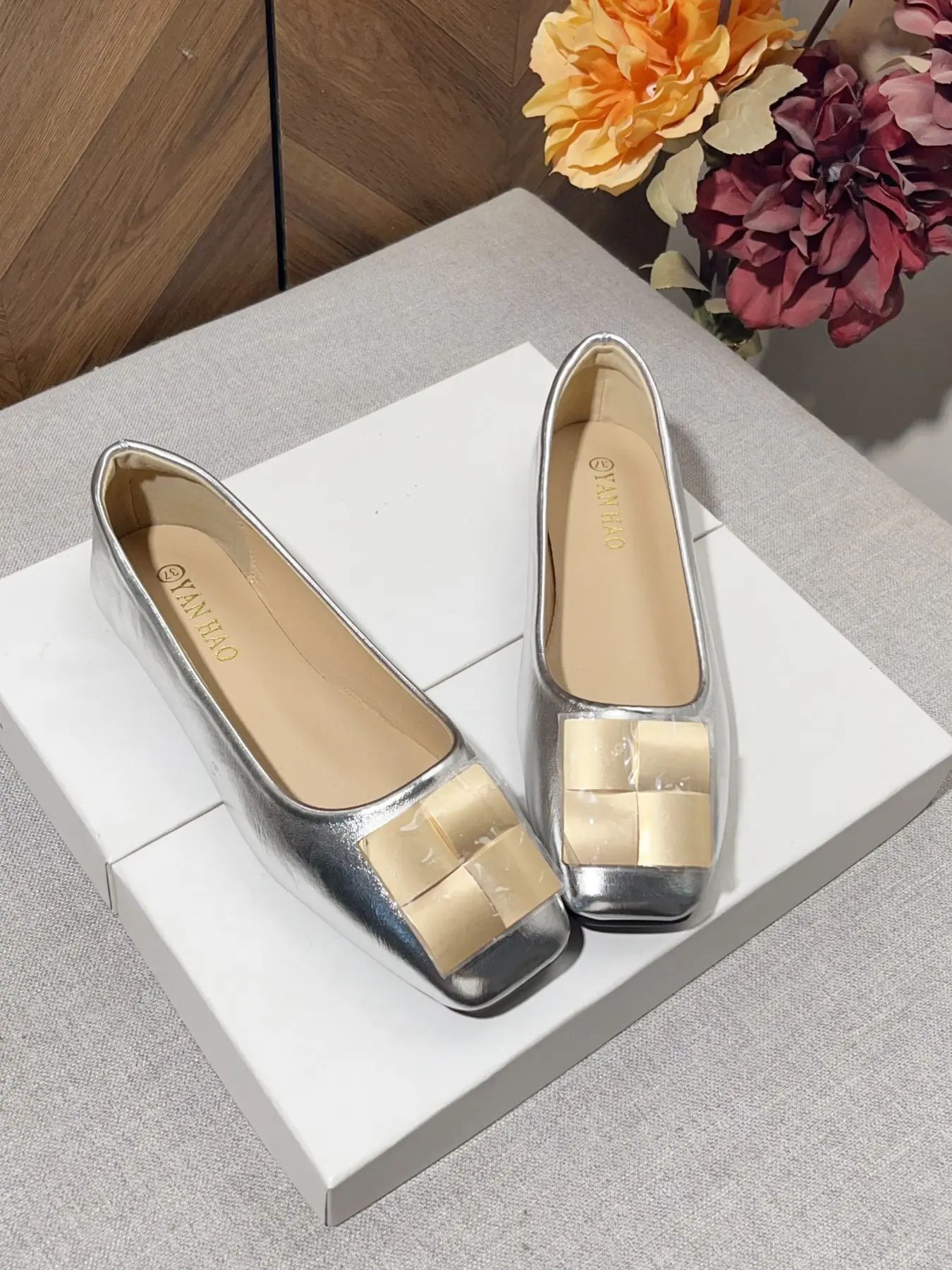 Women's Square Toe Casual Flat Shoes, Artificial Leather, Comfortable Rubber Sole, All Seasons, Perfect for Daily Wear